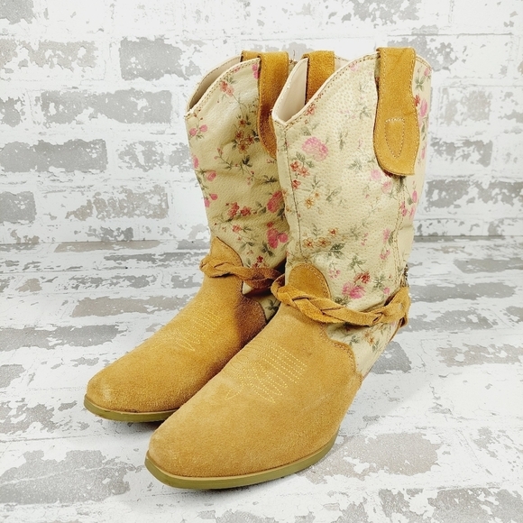 Santa Fe Yellow & Cream Leather Floral Western Heeled Bootie C702 - Picture 2 of 11